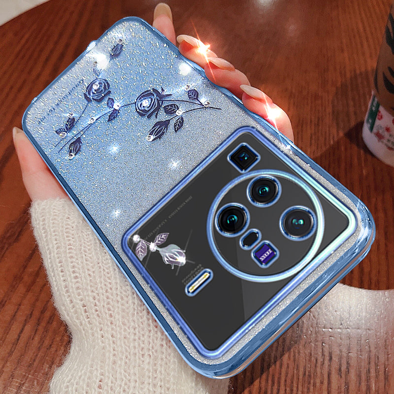 For vivo X80 Pro 5G Gradient Glitter Powder TPU Protective Cover Stylish Rhinestone Decor Flower Pattern Phone Back Case For vivo X80 Pro 5G Gradient Glitter Powder TPU Protective Cover Stylish Rhinestone Decor Flower Pattern Phone Back Case
